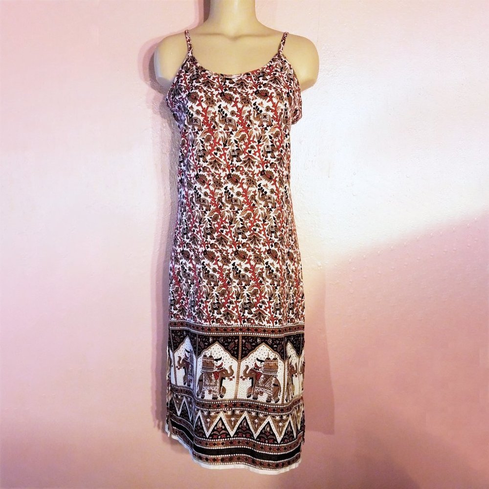 Vintage 90s Slip Sun Dress~India Cotton~Block Print Elephants~Red Black White~XS